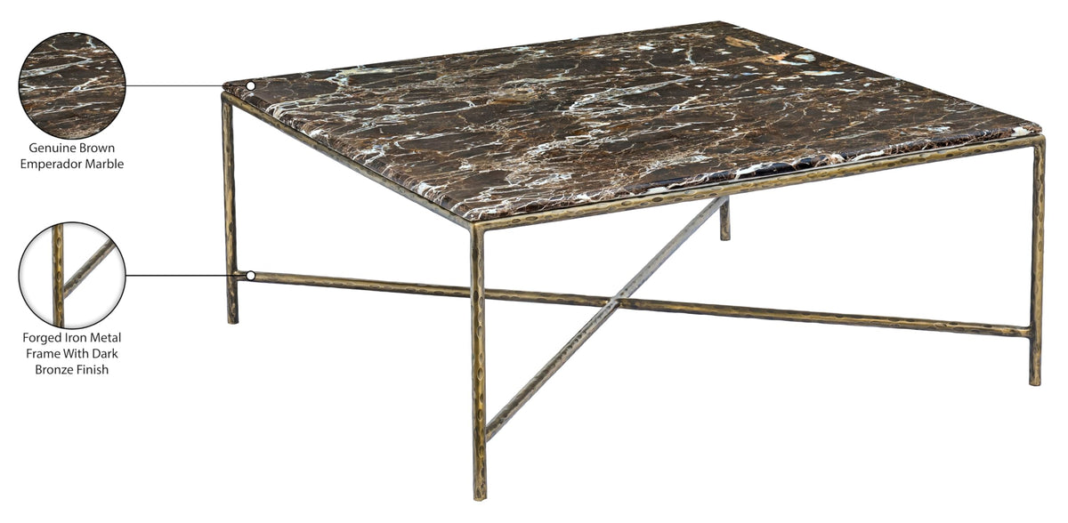 Meridian Furniture 77002Brown-CT Valen Collection Modern | Contemporary Coffee Table with Emperador Marble, Forged Iron Metal Frame, Dark Bronze Finish, 38" W x 38" D x 16" H, Brown/Antique Bronze