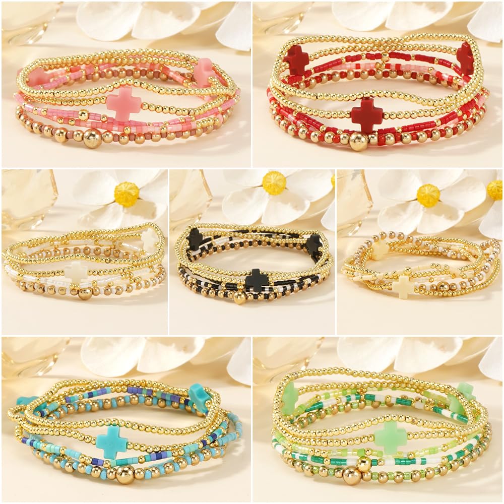 Bohxantium Gold Beaded Cross Bracelets Stack for Women, Blue Boho 5PCS Stackable Stretch Set with 14K Gold Beads - Waterproof Non Tarnish Jewelry for Beach Summer Party Christian Faith Friendship Gift