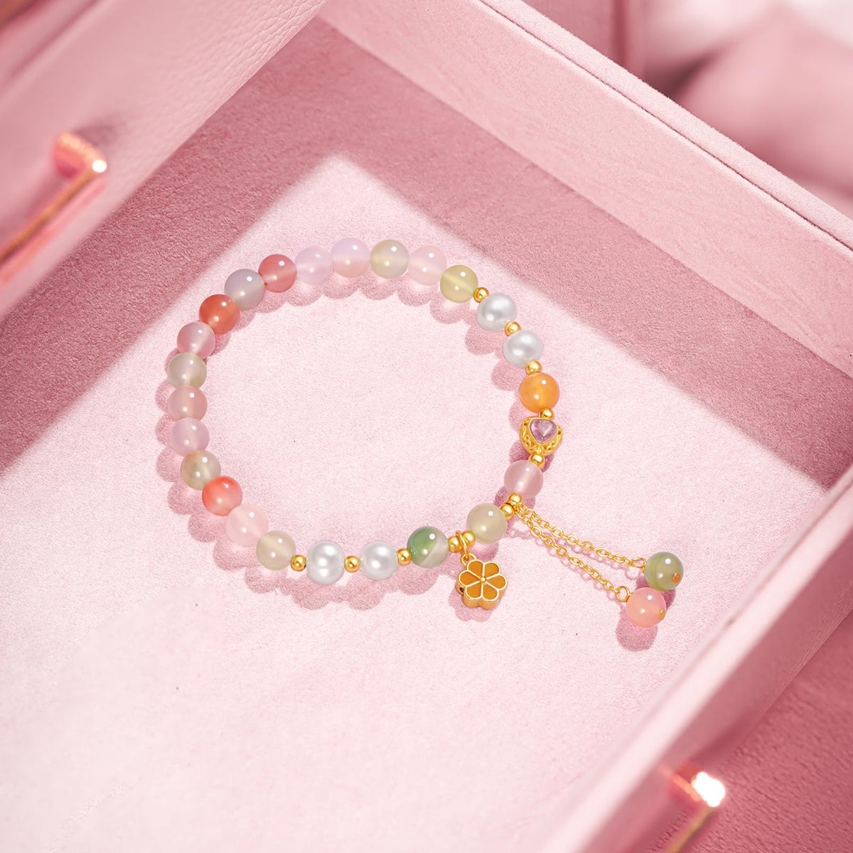 ZHOU LIU FU Sterling Silver Beaded Bracelets for Women Silver Agate Pearl Colorful Gemstone Bead Heart Flower Stretch Bracelet Mom Birthday
