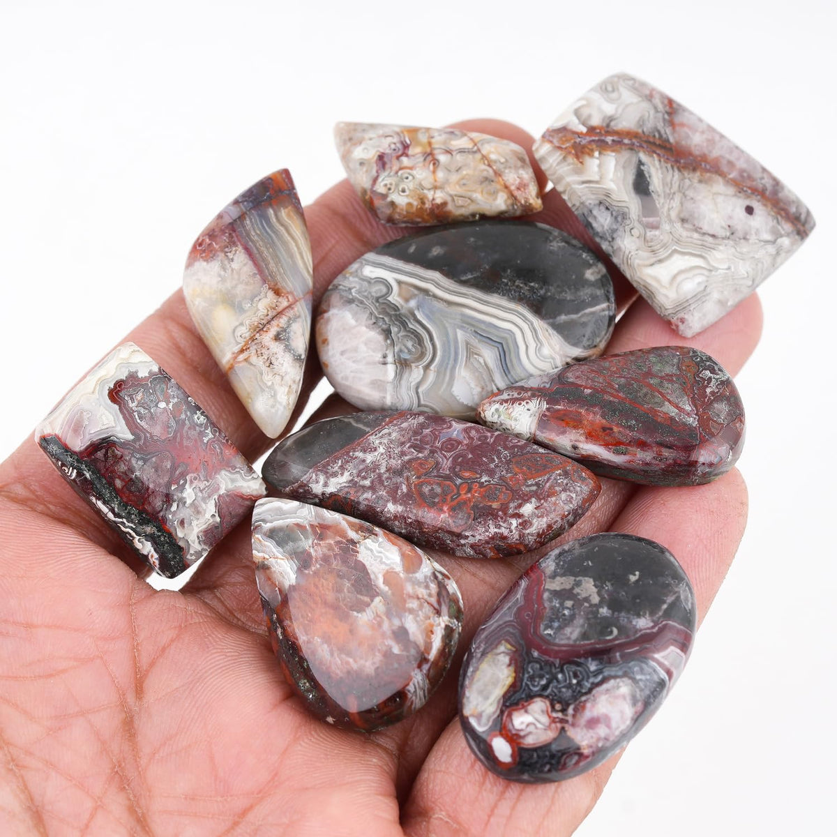 GemSymphony 100 Carat Natural Crazy Lace Agate Gemstone Cabochon Lot Mixed Shapes – 5 pcs Hand Polished Crystal Stones for Jewelry Making Supply, Healing, Reiki, Craft Supplies, Unique Cab Set for Wire Wrapping & Collectors (10-20 mm)