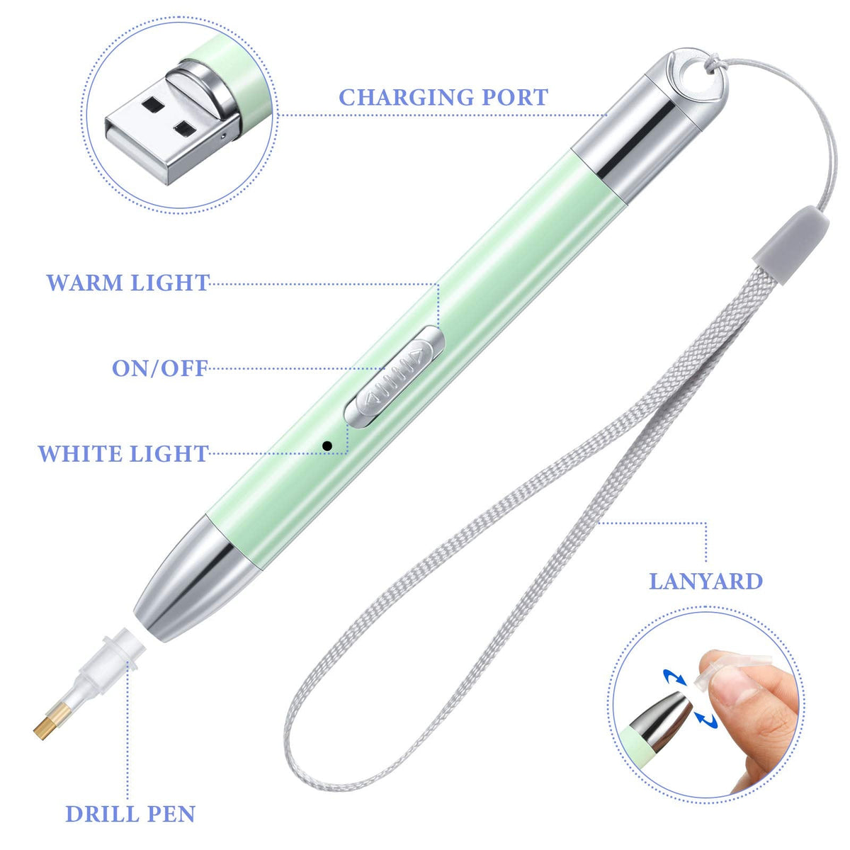 Zonon 2 Pieces LED Diamond Painting Pen 5d USB Rechargeable Lighting Point Drill Pen with 10 Head and 20 Glue Clay for DIY Handicraft(Green, Purple)