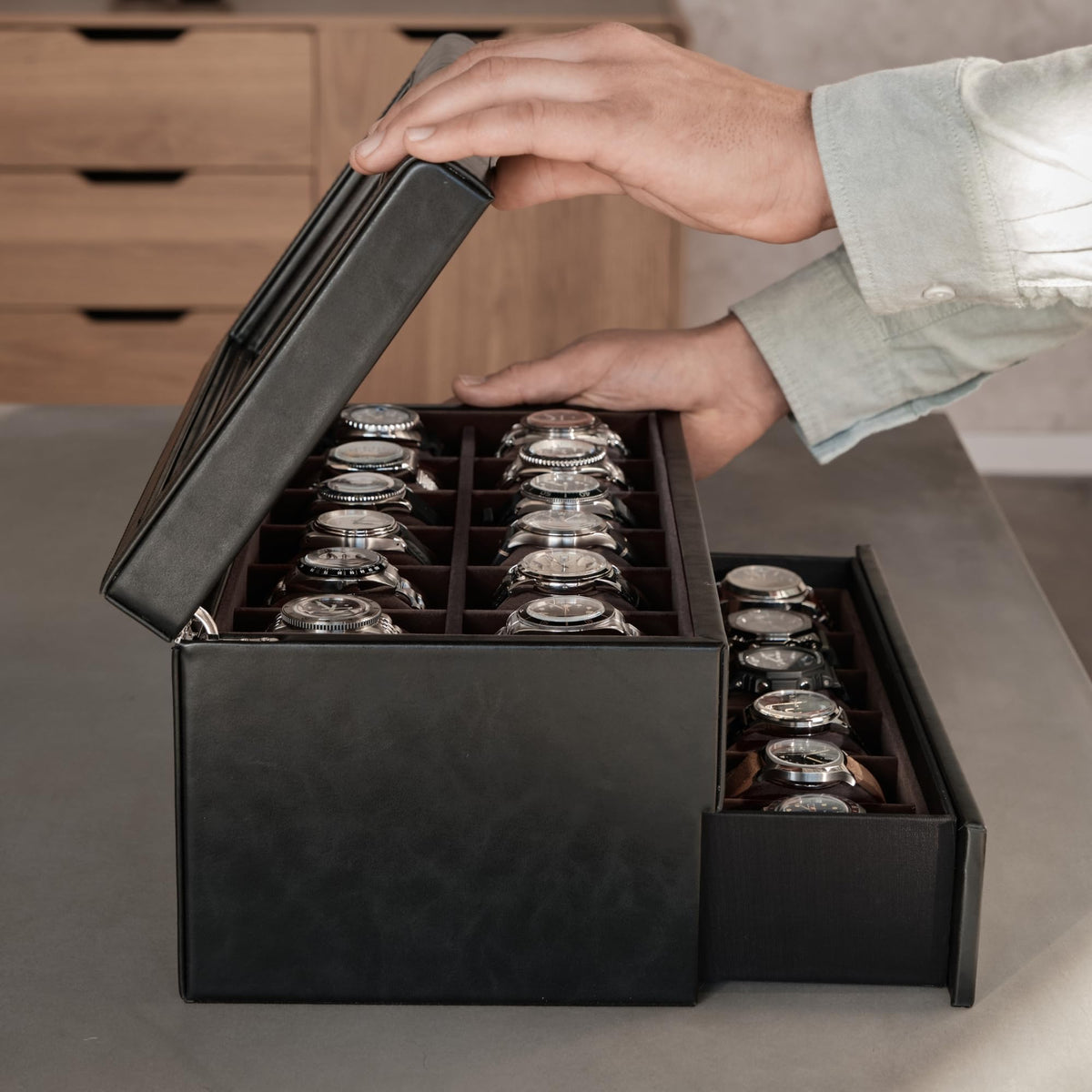 TAWBURY Watch Box for Men - Extra Large 24 Slot Watch Case with Real Glass Display, Removable Drawer and 2-inch Wide Pillows for Large Watches (Black/Charcoal)