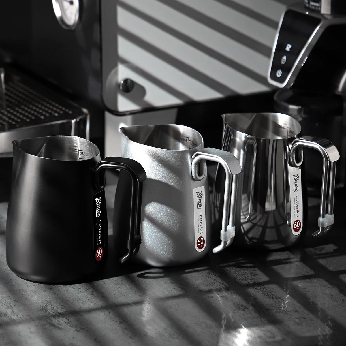 Bincoo Espresso Milk Frothing Pitcher Stainless Steel 20oz/600ML Coffee Milk Frother Cup-Milk Frothing Pitcher with Measurement Lines,Ergonomic Handle for Latte Art & Cappuccin(Steel)