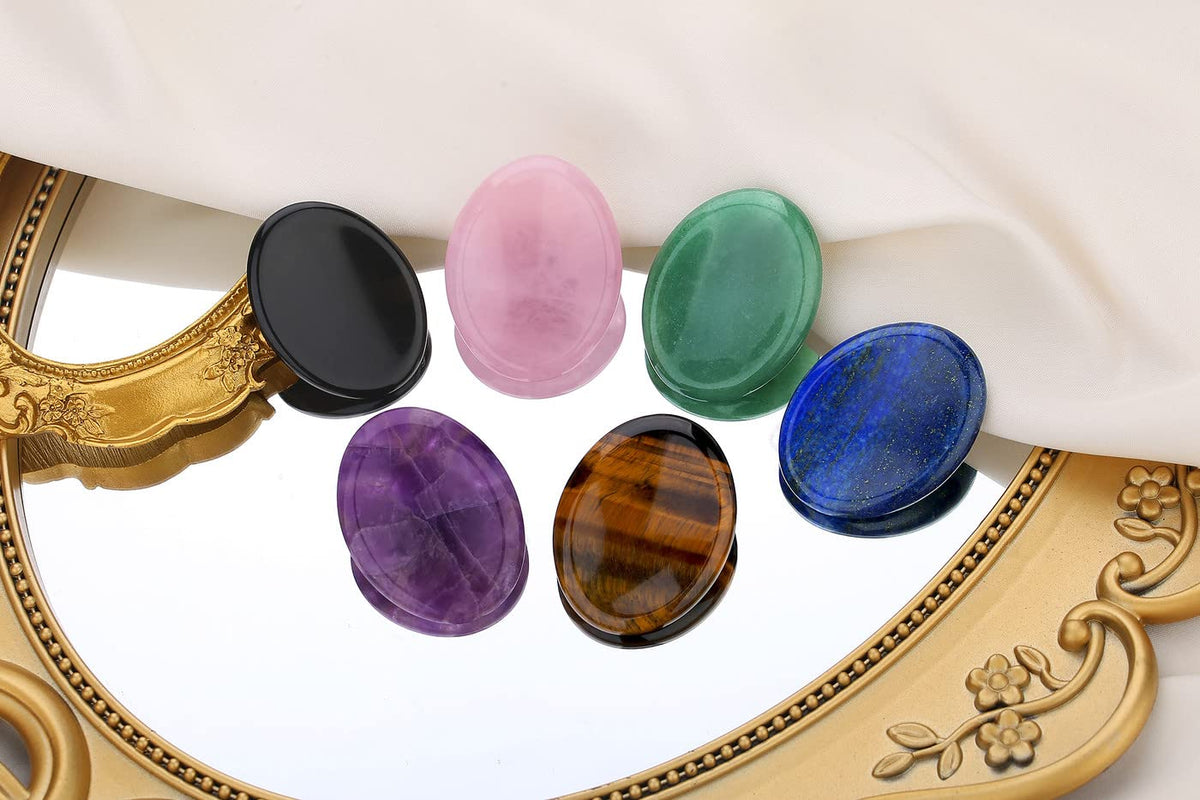 2PCS Worry Stone for Anxiety Tigers Eye Amethyst Healing Crystals Hand Thumb Stones Pocket Gemstones Meditation Accessories Oval Crystal Natural Relax Palm Stone Anxiety Relief Items Stocking Stuffers