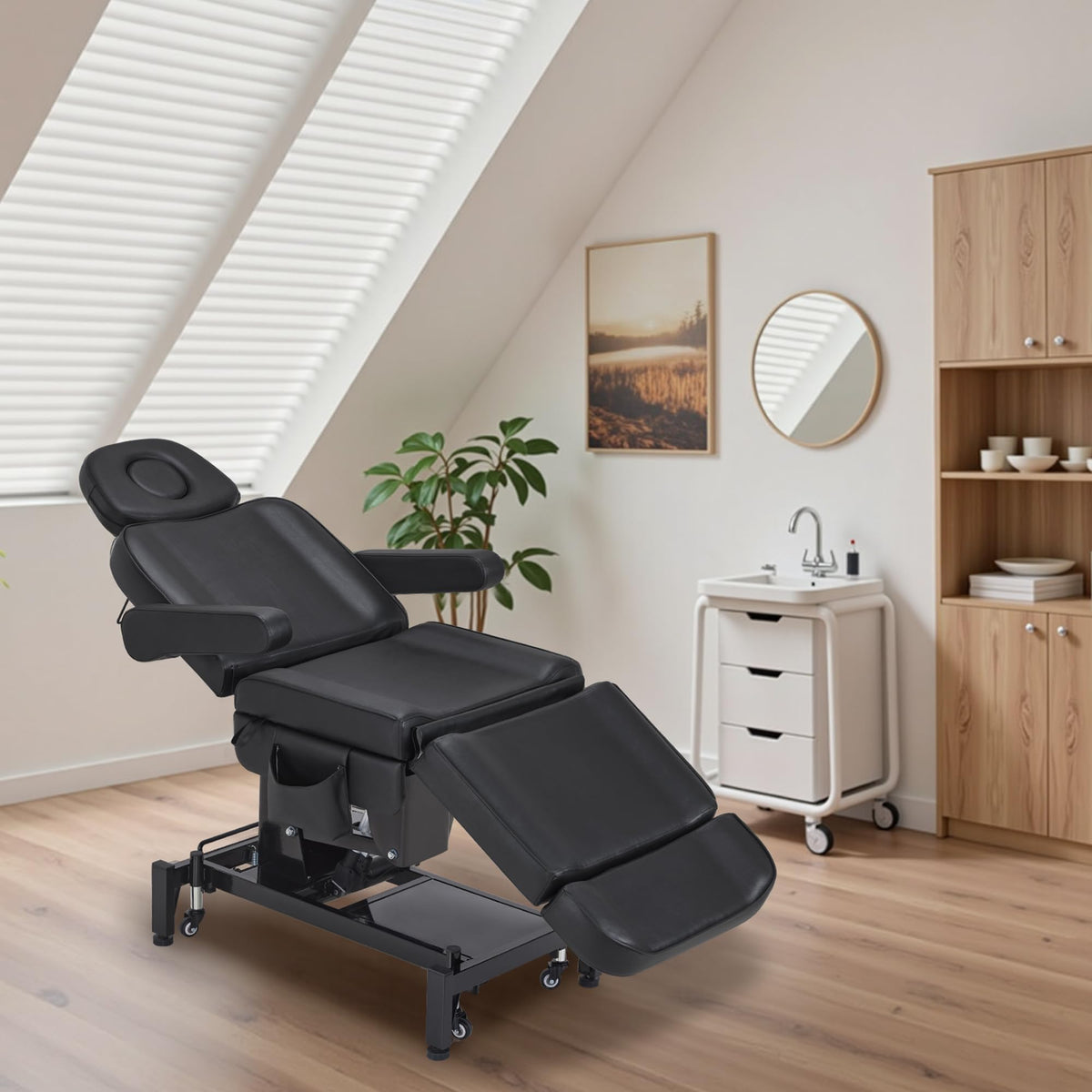 BarberPub Fully Electric Beauty Bed, 3-Motor Salon Spa Chair with Foot-Controlled Wheels, Adjustable Height, Backrest & Leg Rest – PVC Leather, Professional Facial & Treatment Table 2754 (Black)