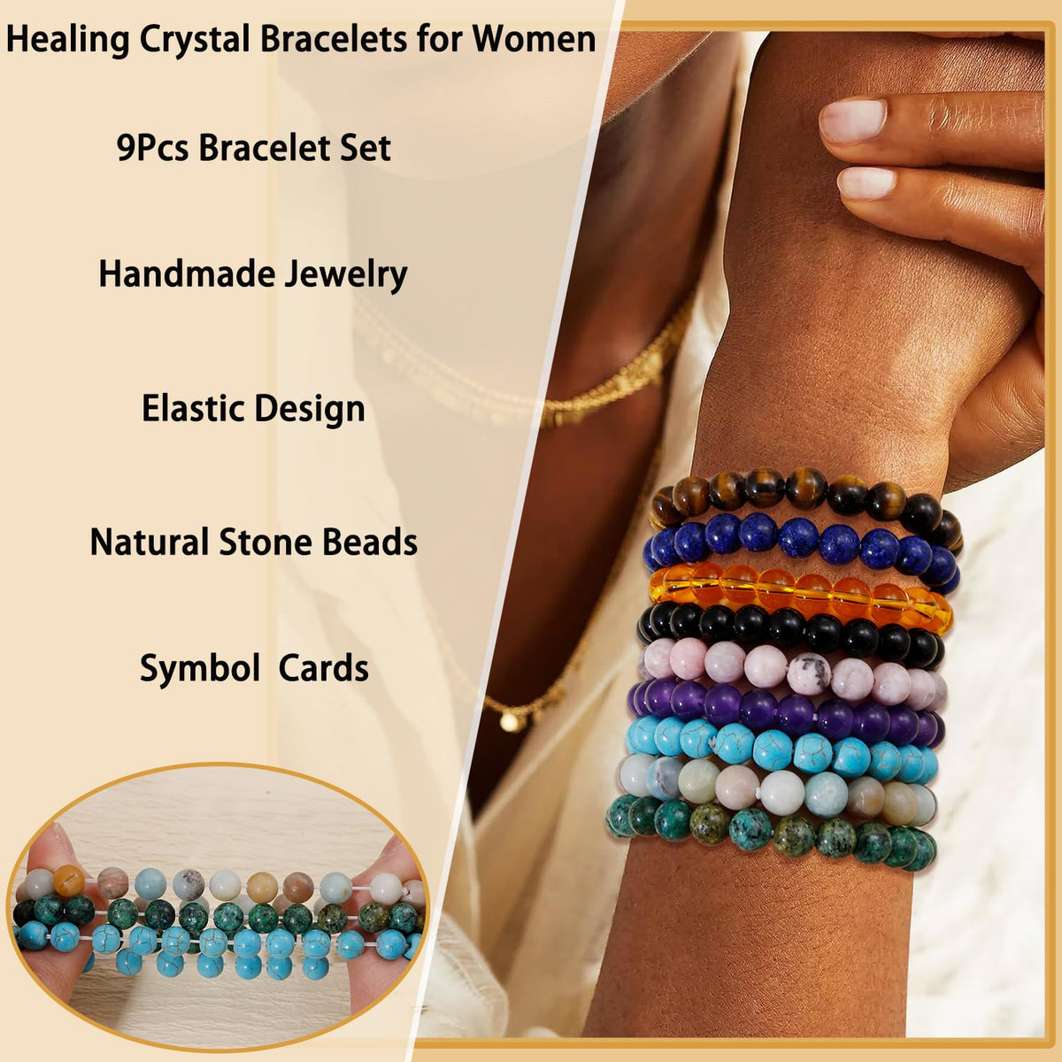 COLOYAN 9PCS Healing Crystal Bracelets for Women Men 8mm Natural Stone Beaded Stretch Bracelet Handmade Reiki Spiritual Jewelry