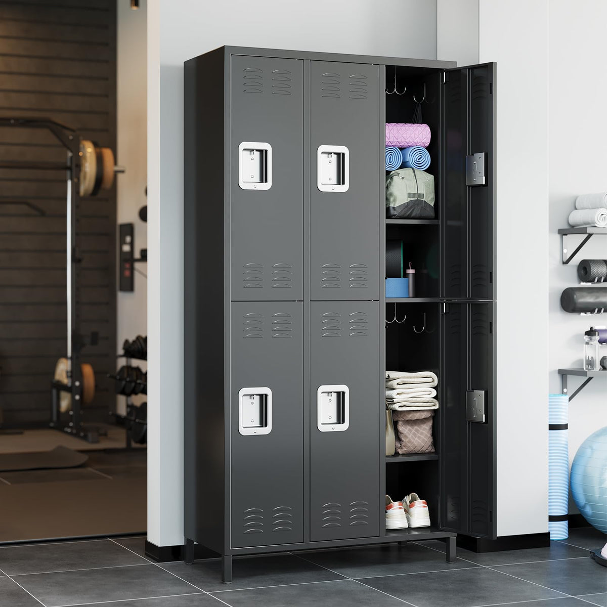 PioneerWorks 6-Door Metal Storage Locker with 18 Hooks, Heavy Duty Steel Locker for Gym, School, Office, Garage, Employee Locker Room, Home Organization, Black, Assembly Required