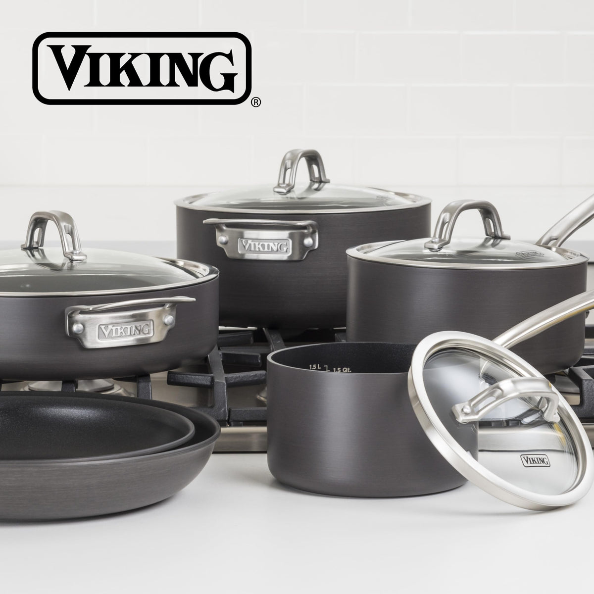 Viking Pots and Pans Set Non Stick, 10 Piece Hard Anodized Kitchen Cookware with Glass Lids, Black