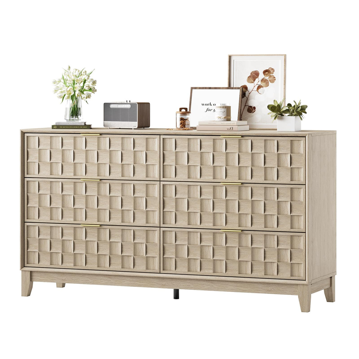 COLAMY Fluted Dresser, Modern Wooden 6 Drawer Dresser 55”, Side Board Buffet Storage Cabinet, Accent Cabinet with Metal Handles for Bedroom, Entryway, Hallway, Oak
