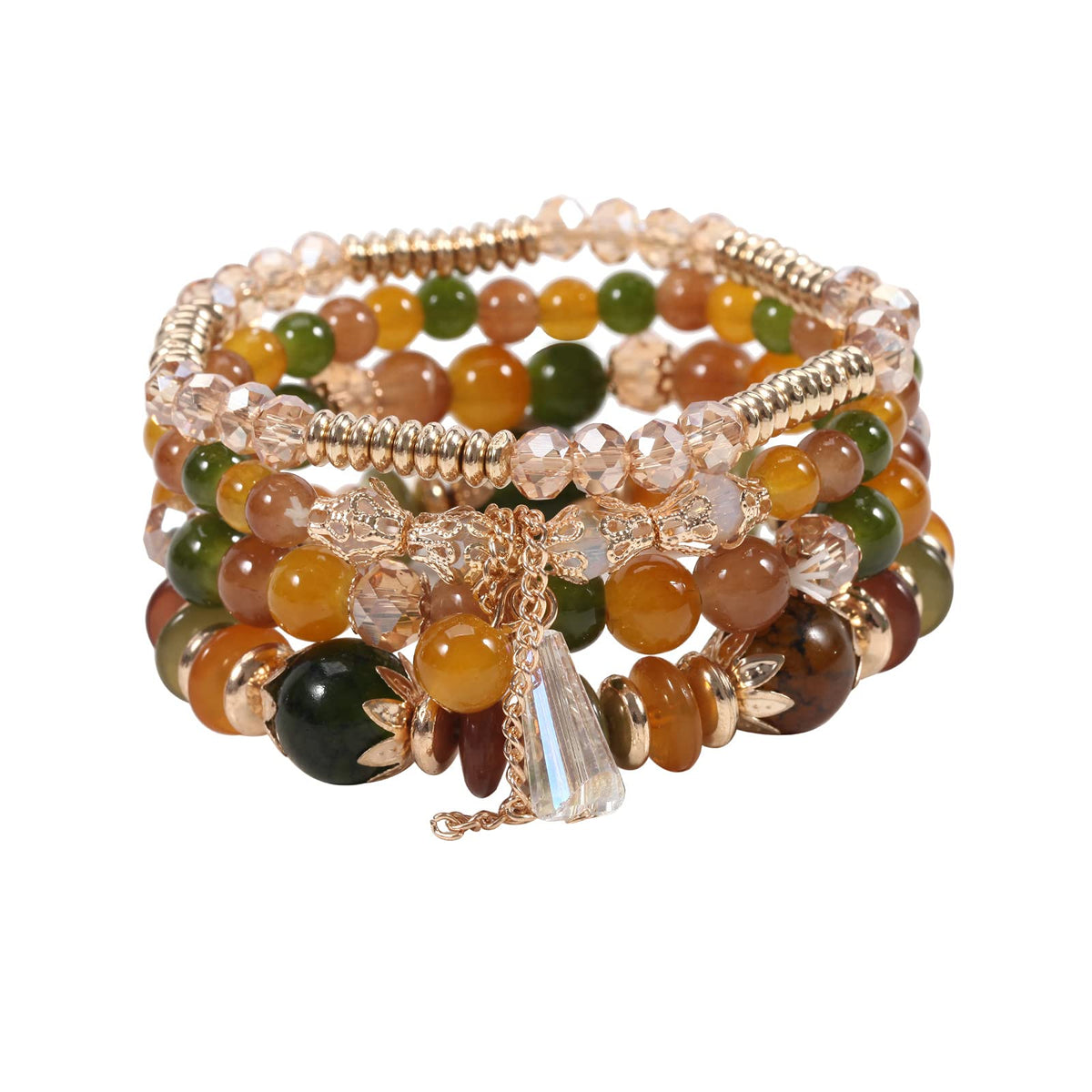 LOTSOF Bohemian Green Jade Stackable Bracelet Set - 4-Layer Stretch Beaded Bracelets with Gold Accents, Boho Jewelry for Women, Fashion Statement Accessory (Gift Ready) (Brown Style)