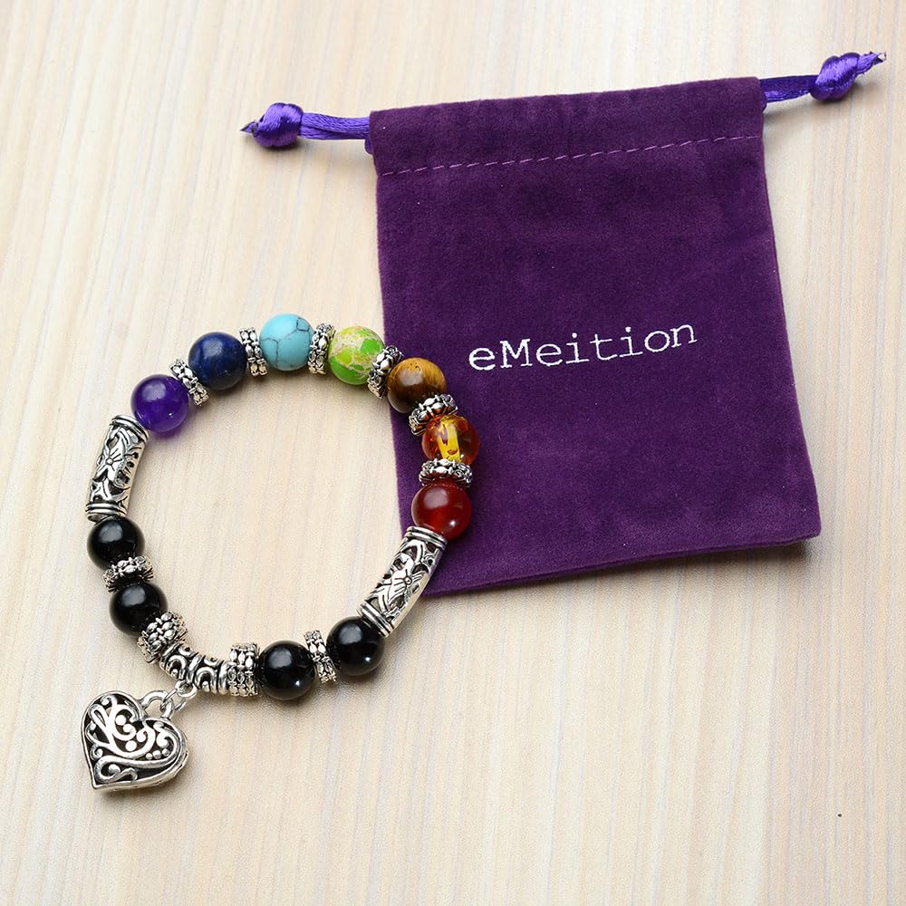 eMeition 7 chakra bracelet natural beads yoga meditation religion healing balance stones beaded healing balance bracelets for women heart pendant (heart)