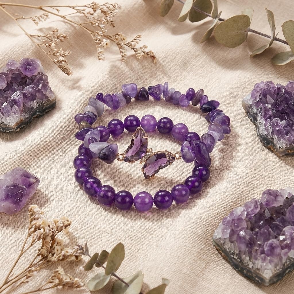 BELLA-Bee Natural Amethyst Healing Stone Bracelet Set for Women, Anxiety Relief Crystal Beaded Layered Bracelet with Butterfly Charm, Calming Spiritual Jewelry Gifts (Purple)