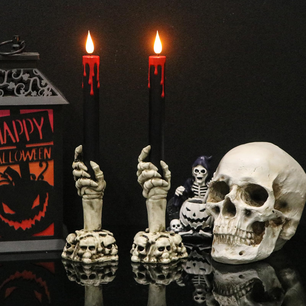 Lasumora Halloween Black Flameless Taper Candles Flickering with Remote Timer, Battery Operated Led Taper Candle, 2 Pcs Drip Wax Candlesticks with Skull Hand Candle Holder for Halloween Decorations