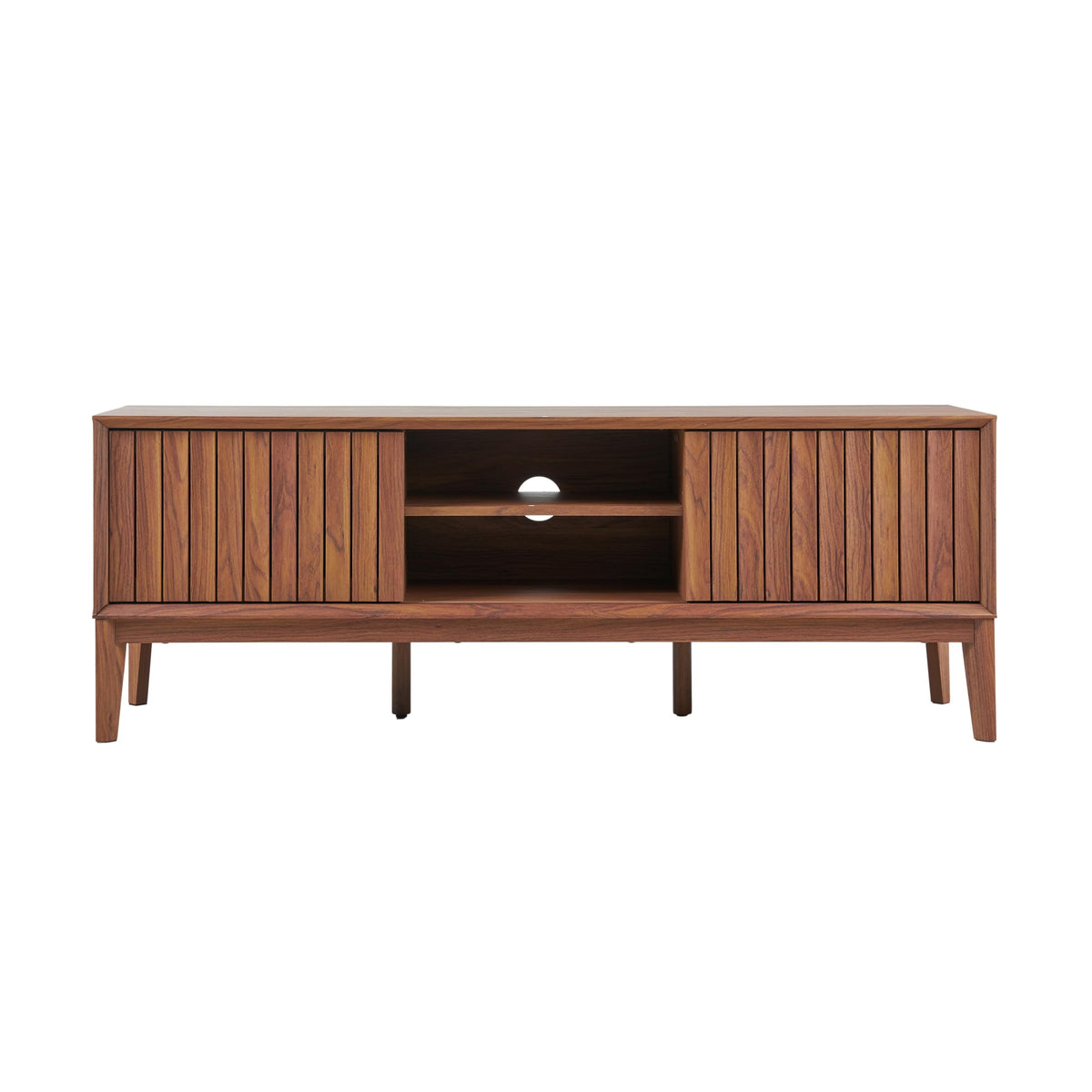 JONATHAN Y Gennaro 58" Mid-Century Wood TV Stand Media Console with Slatted Sliding Doors, Entertainment Center for Living Room with Adjustable Shelves and Cable Management, Walnut TVS1000B
