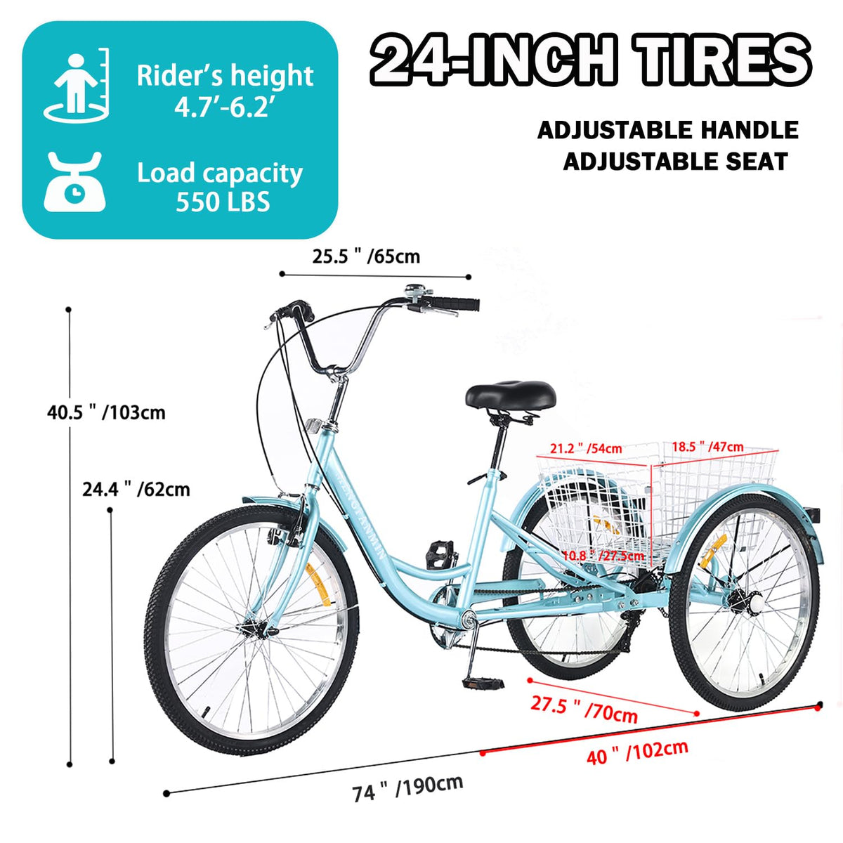 Adult Tricycle 7 Speed, 24 Inch 3 Wheel Trike Load 550lb,with Rear Basket,for Women,Seniors Picnic Exercise Shopping (Blue)