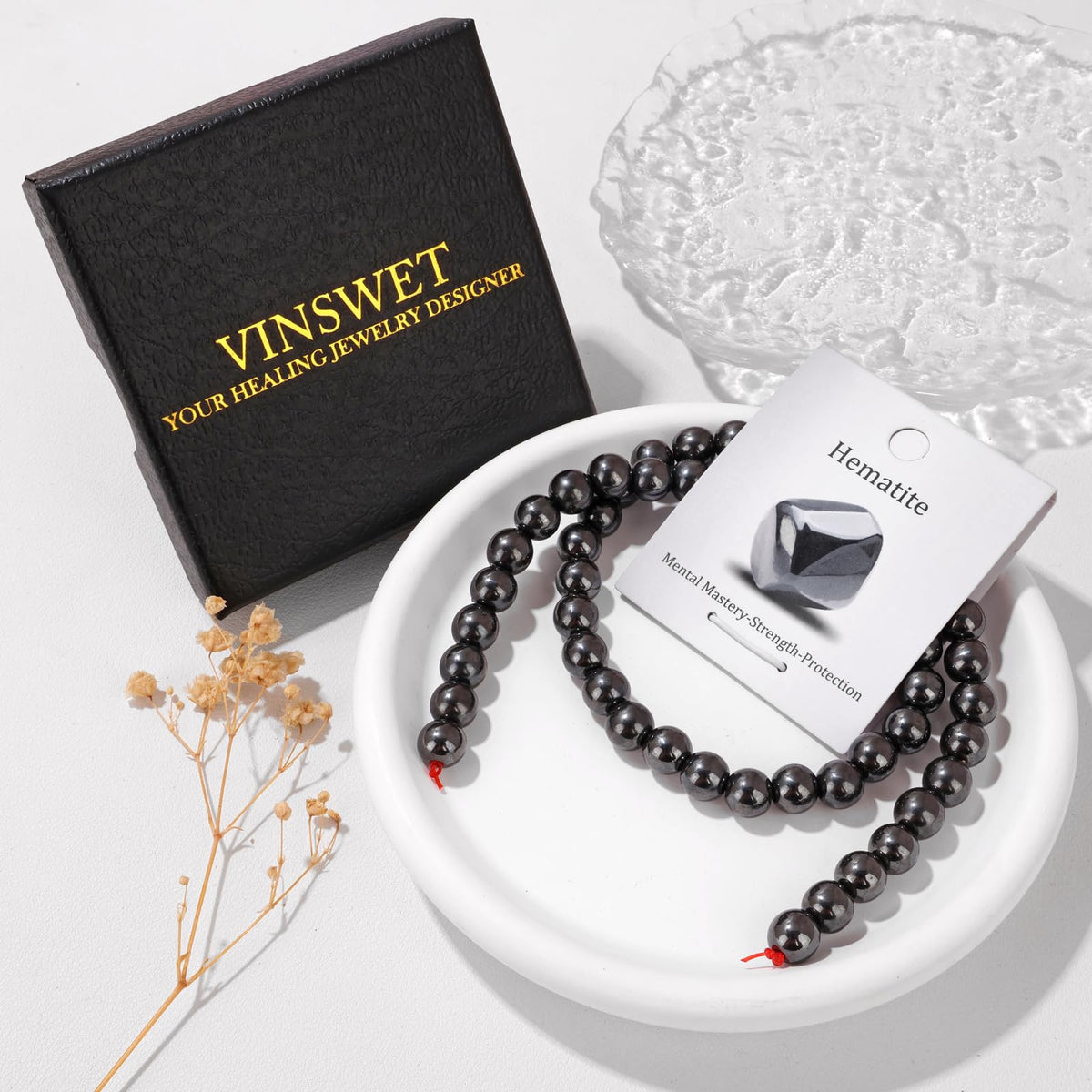 Vinswet 45pcs 8mm Hematite Natural Stone Beads Round Genuine Real Stone Beading Loose Gemstones DIY Smooth Bead for Bracelet Necklace Earrings Jewelry Making