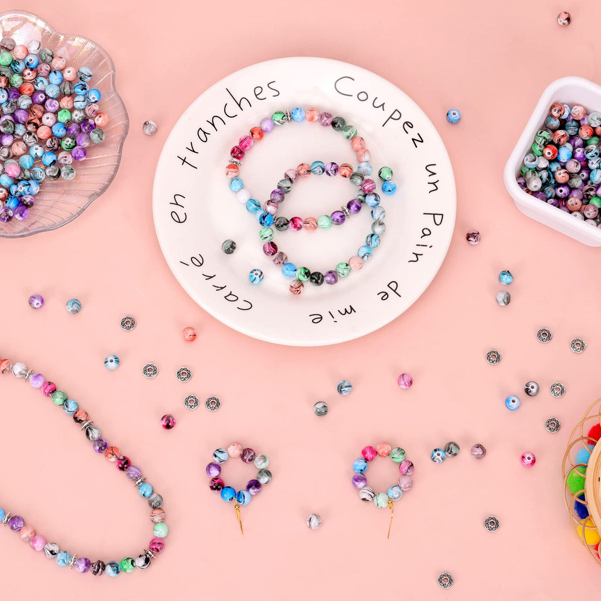 500pcs Craft Beads for Jewelry Making, for Bracelets Making, Space Acrylic Beads in Ink Patterns with 50pcs Spacer Beads and Crystal String (8mm)