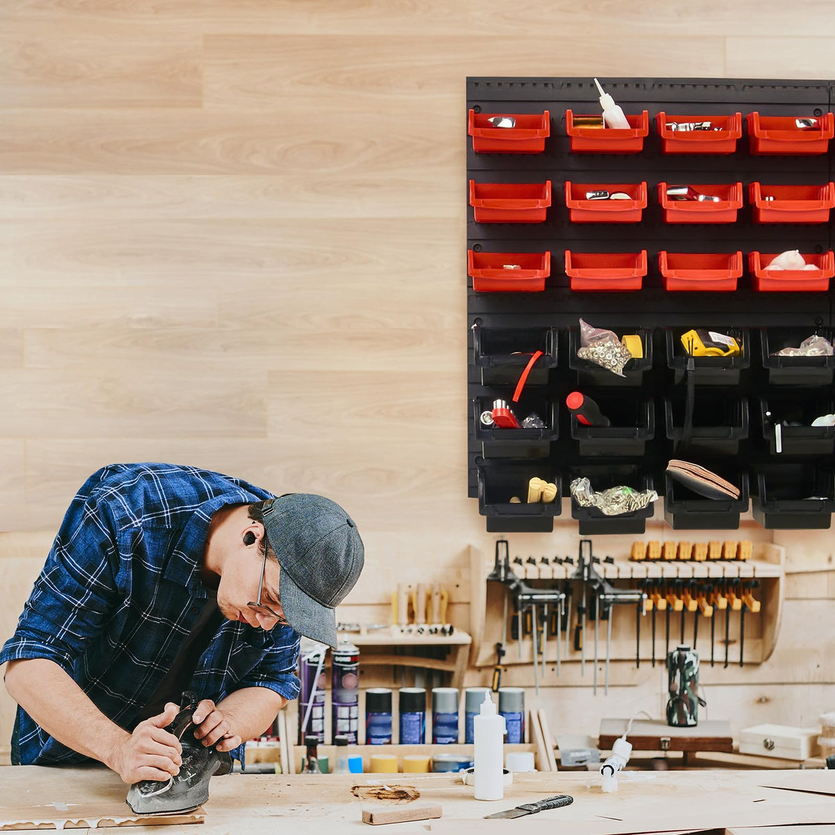 VEVOR 48-Bin Wall Mounted Storage Bins Parts Rack Organizer Garage Shop Tool Organizer for Screws, Nuts, Bolts, Nails, Beads, and Small Hardware Parts, With Wall Panels