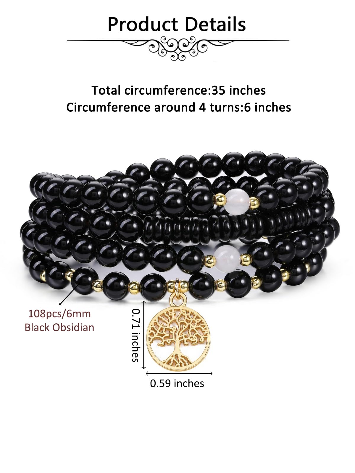 Jovivi 108 Mala Beads Bracelet Necklace, Natural Black Obsidian Healing Crystal Stones Prayer Beads Yoga Meditation Gemstone Necklace Gold Copper Tree Life Pendant