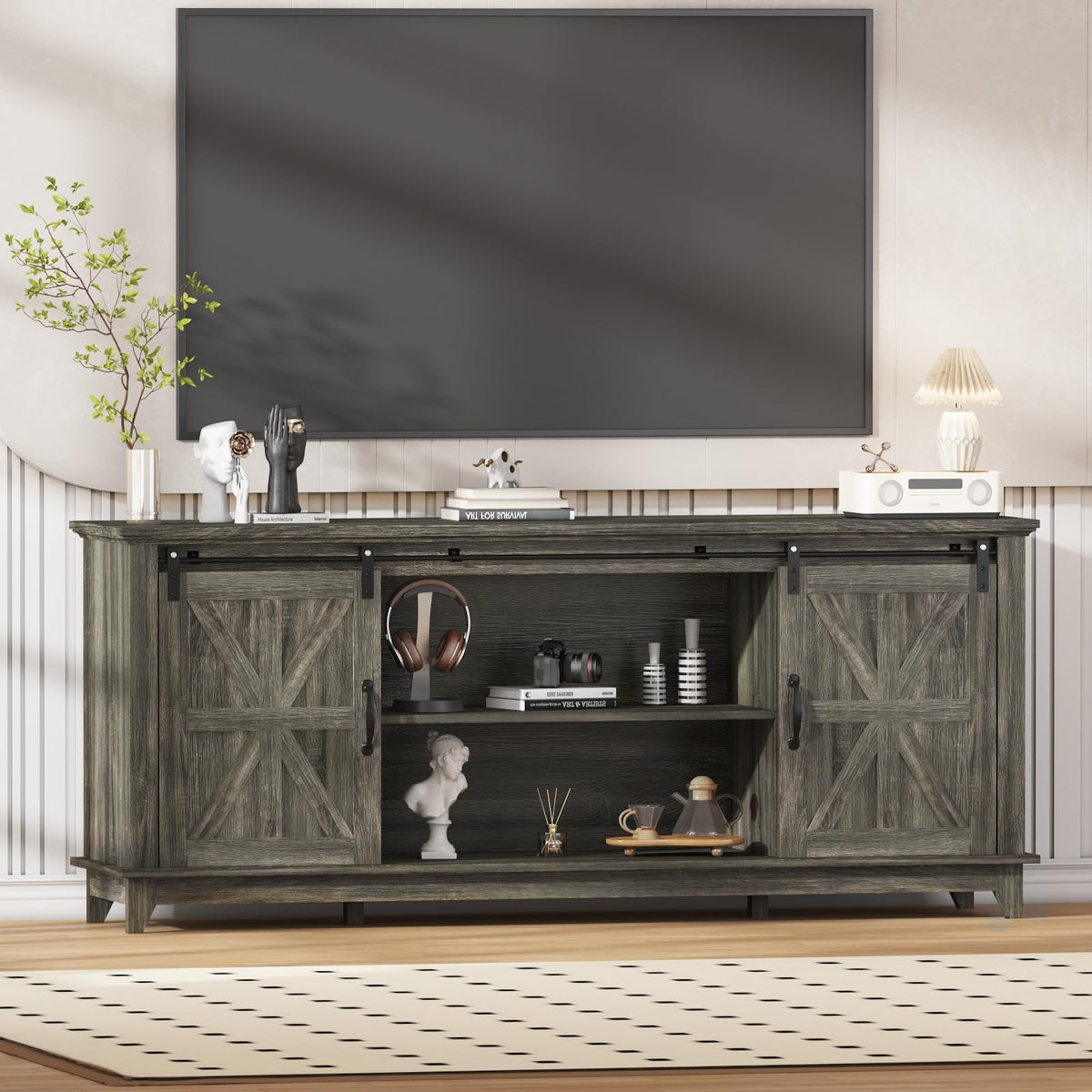 GarveeLife 66 in Farmhouse Sideboard Buffet Cabinet with Power Outlets, Entertainment Center with Sliding Barn Door & Large Storage Cabinets w/Adjustable Shelf, 28 in Tall TV Media Console, Dark Grey