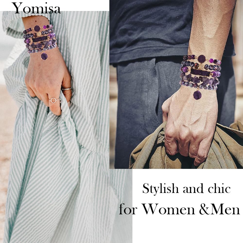 Yomisa 5PCS Natural Boho Beaded Bracelets for Women Men,Healing Turquoise Jasper Agate Crystal Gemstone Stone Diamond Chakra Multilayer Wrap Bohemian Handmade Jewelry Beads Stretch Bracelet Set