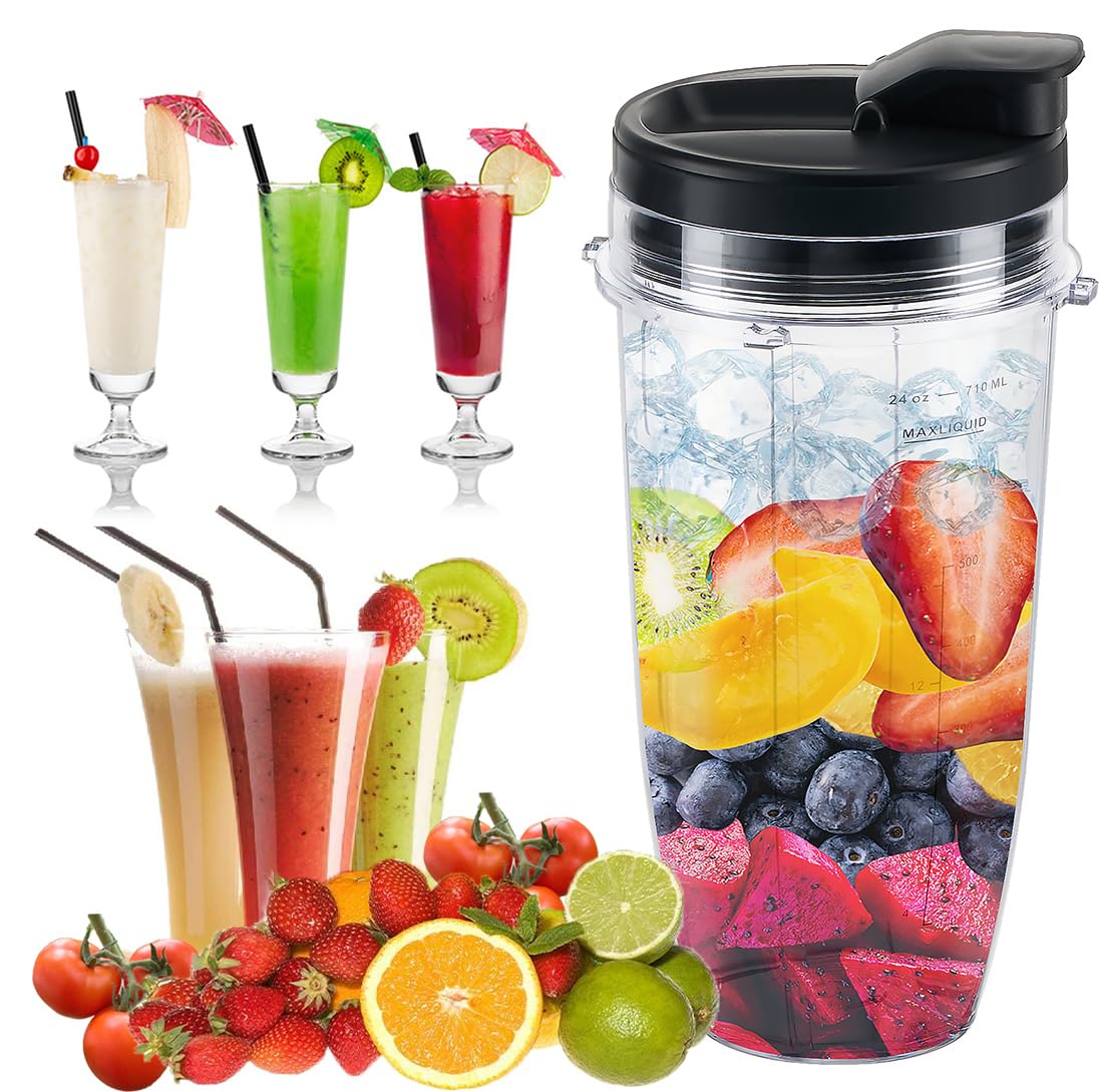 Replacement 24oz Blender Cup with Sip & Seal Lid For Nutri Ninja BL450 BL456 BL480 BL482 BL640 BL642 BL682 BN401 BN751 BN801 Foodi SS101 SS151 SS351 SS401 Ninja Blender Auto IQ Blade, 2-Pack β¦