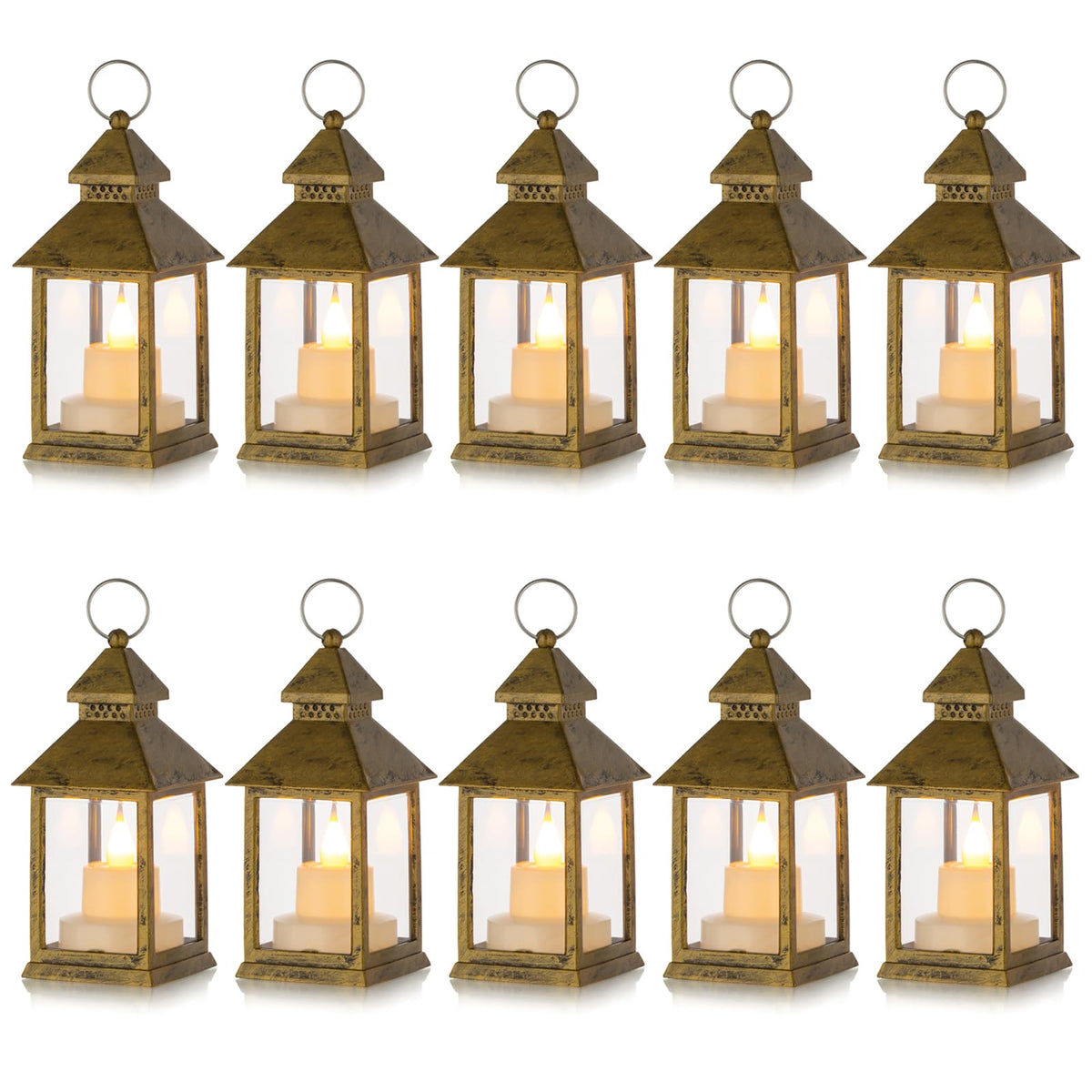 Romadedi Mini Lanterns Decorative for Centerpiece -10 PCS Hanging Small Gold Lantern Bulk with Flickering LED Candles for Wedding Table Decor Halloween Decorations Christmas, Batteries Included