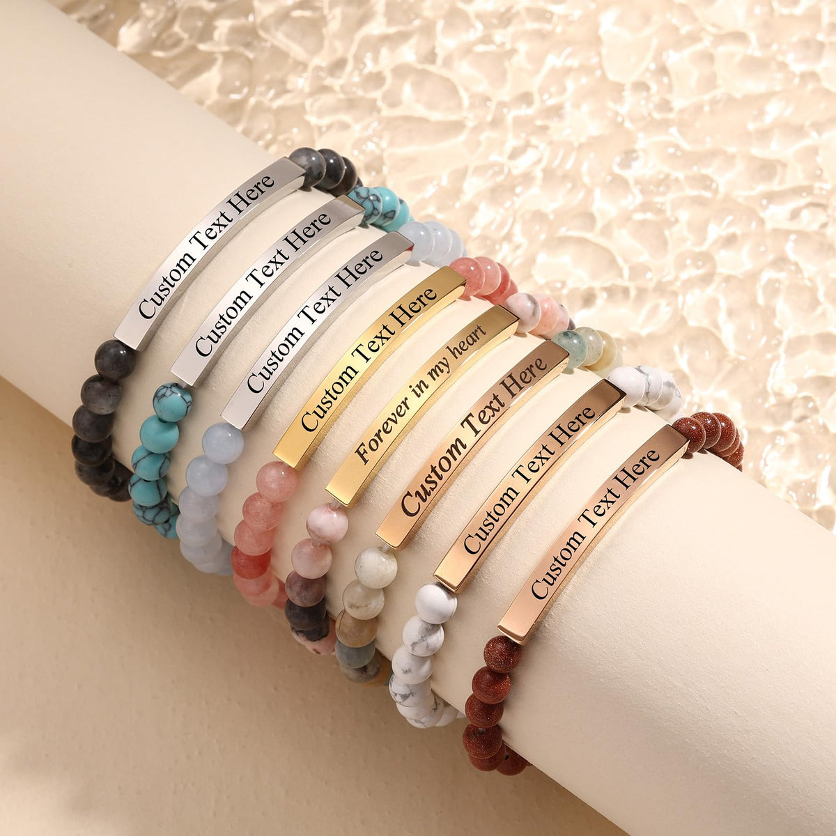 INBLUE Personalized Beaded Bracelets for Women with Engraved Name Natural Stone Stretch Inspirational Bracelet Personalized Jewelry Gift for Mom Wife Friends - Style 05