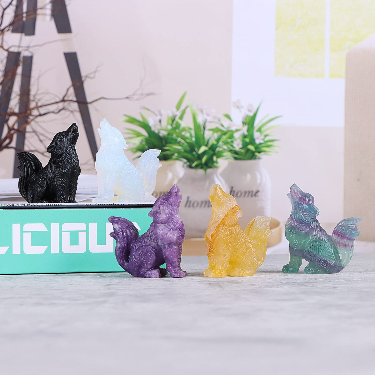 LEADGEM 2" Crystal Wolf Statue Decor Rainbow Fluorite Crystal Big Tail Wolf Figurine Healing Stones Statue Carved Wolve Sculpture Ornaments Wolves Figure with Gift Box