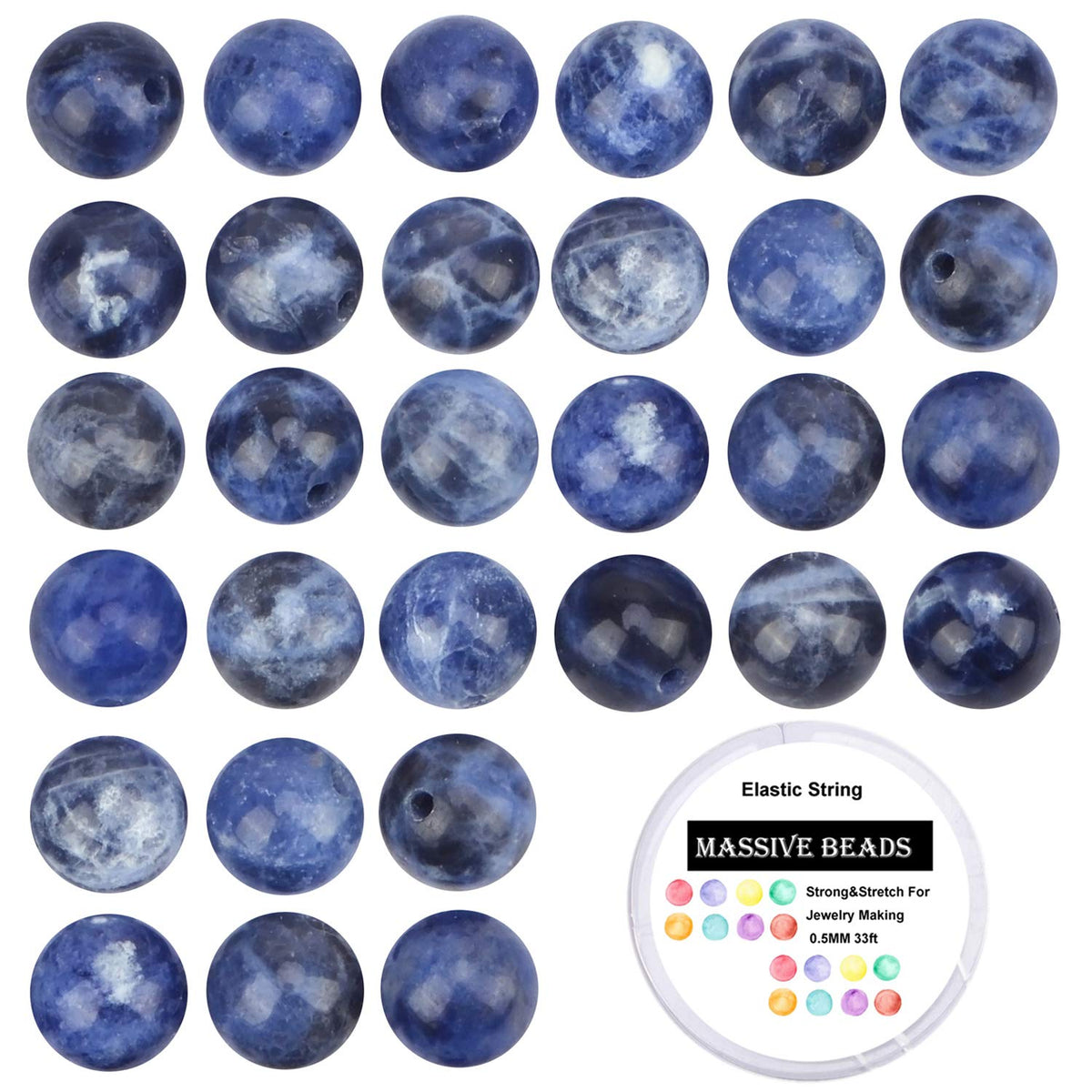 100Pcs Natural Crystal Beads Stone Gemstone Round Loose Energy Healing Beads with Free Crystal Stretch Cord for Jewelry Making (Blue Sodalite, 8MM)