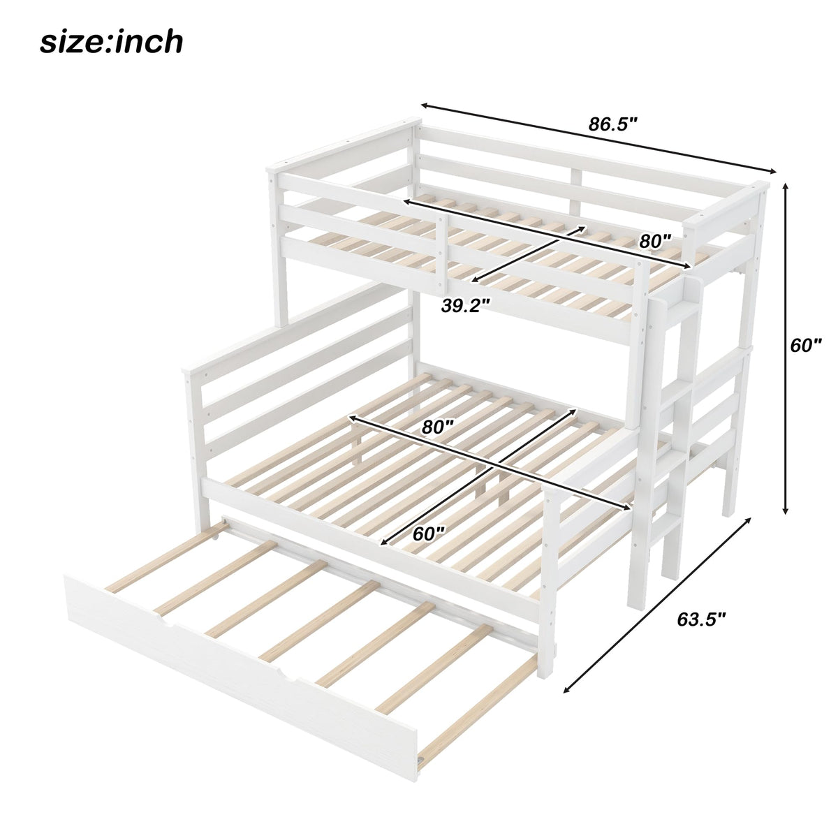 Merax Twin XL Over Queen Bunk Bed Wood Detachable Bunk Bed with Trundle & Ladder, Multifunction Bunk Bed with Full Length Gardrails, No Box Spring Needed,Space Saving,White