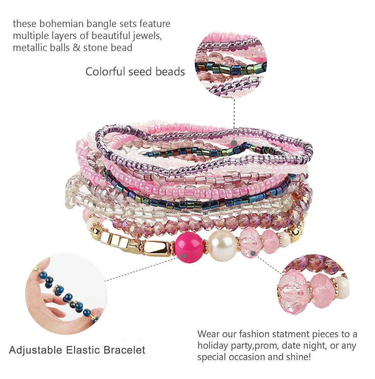 FIBO STEEL 6 Sets Bohemian Stackable Bead Bracelets for Women Stretch Multilayered Bracelet Set Multicolor Jewelry Boho Jewelry,Small Beads Stylish Style
