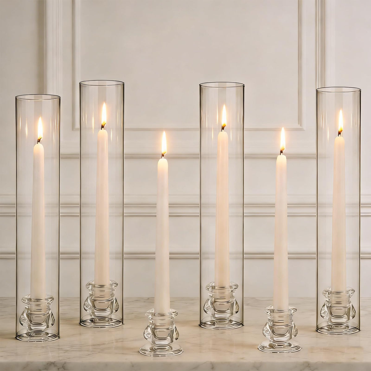 12 Set Glass Hurricane Candle Holders 11.8" Open Ended Glass Candleholder Tube Shape Bottomless and 2.1" Taper Clear Candlestick Holder Bulk for Table Centerpiece Wedding Party Home Decor (12, Clear)