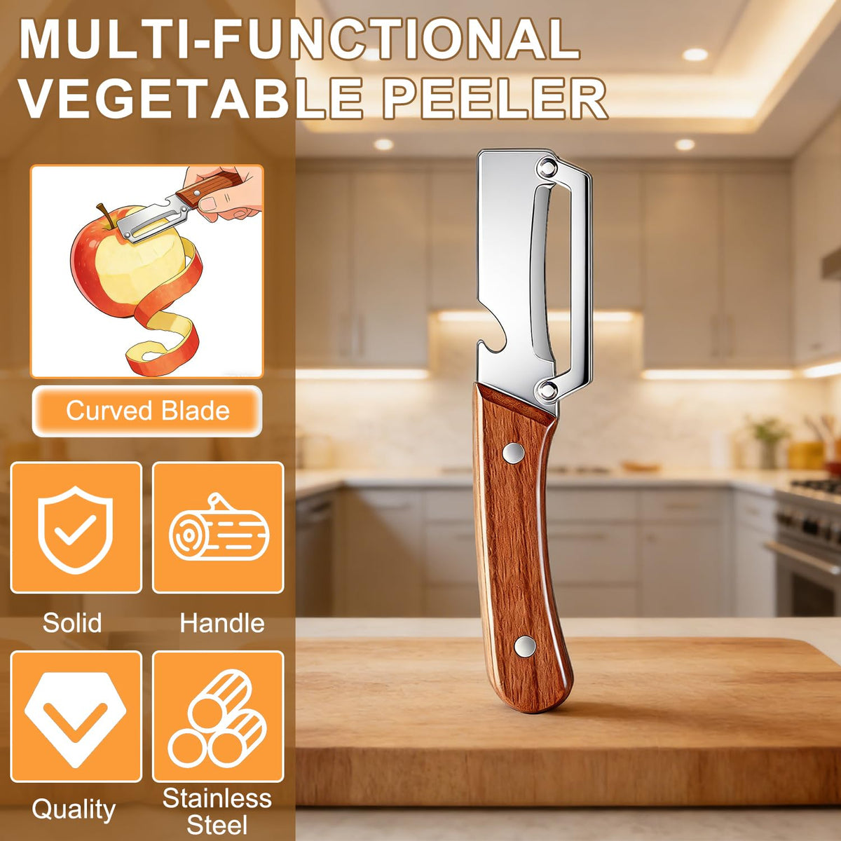 Premium Vegetable Peeler with Wooden Handle and Bottle Opener,2-in-1 Stainless Steel Kitchen Tool for Fruit Potato Zucchini Pumpkin Papaya(2 PSC)