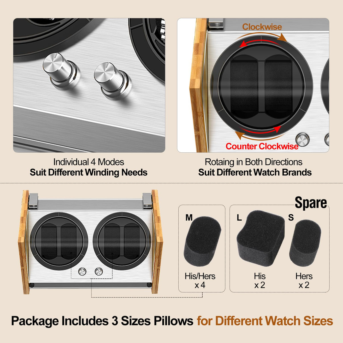 Watch Winder Smith Real Bamboo 4 Watch Winders for Automatic Watches, Precision Engineered Quiet 4 Modes Rotation and Dual Power Flexibility AC/DC