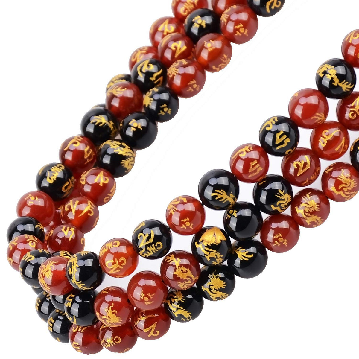 100Pcs Natural Crystal Beads Stone Gemstone Round Loose Energy Healing Beads with Free Crystal Stretch Cord for Jewelry Making (Craved Dragon Mantra Red Black Agate, 8MM)