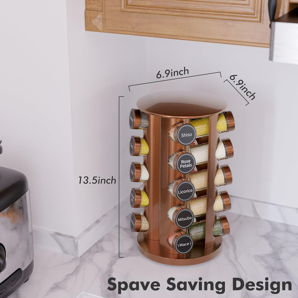 New England Stories Revolving Spice Rack Set with 20 Spice Jars, Kitchen Spice Tower Organizer for Countertop or Cabinet - Carousel Storage Includes 386 Spice Labels (Gold)