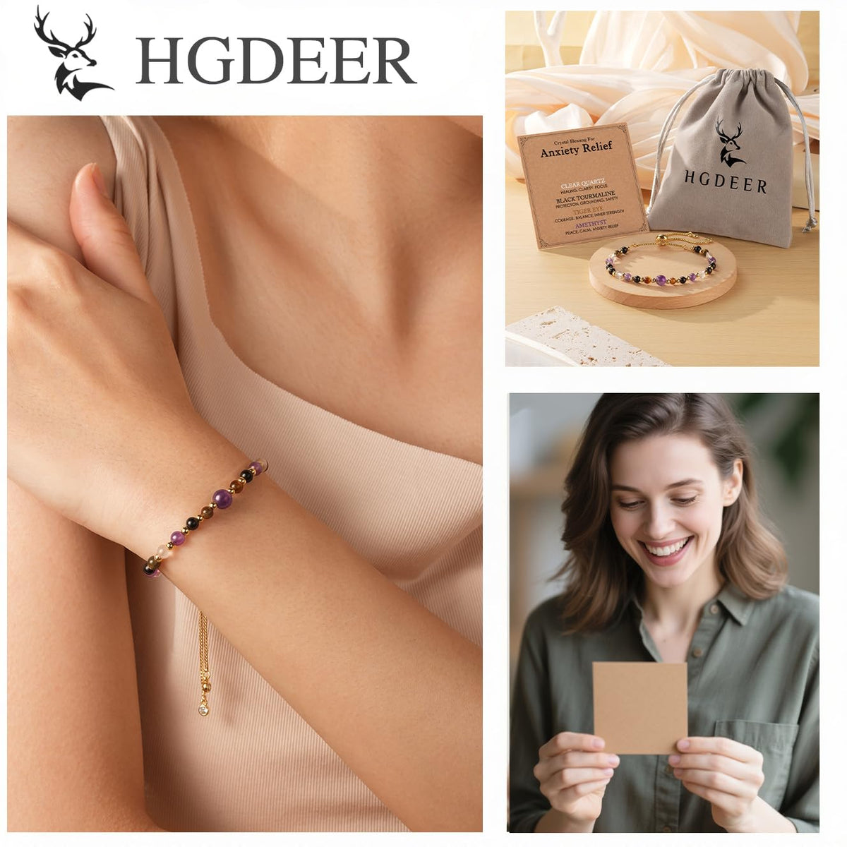HGDEER Anxiety Relief Items Beaded Bracelets for Women Stress Crystal, Healing Amethyst Tigers Eye Depression Jewelry Fashion Gemstone Purple Stone Anti Tourmaline Natural Gifts Panic Attack Mental
