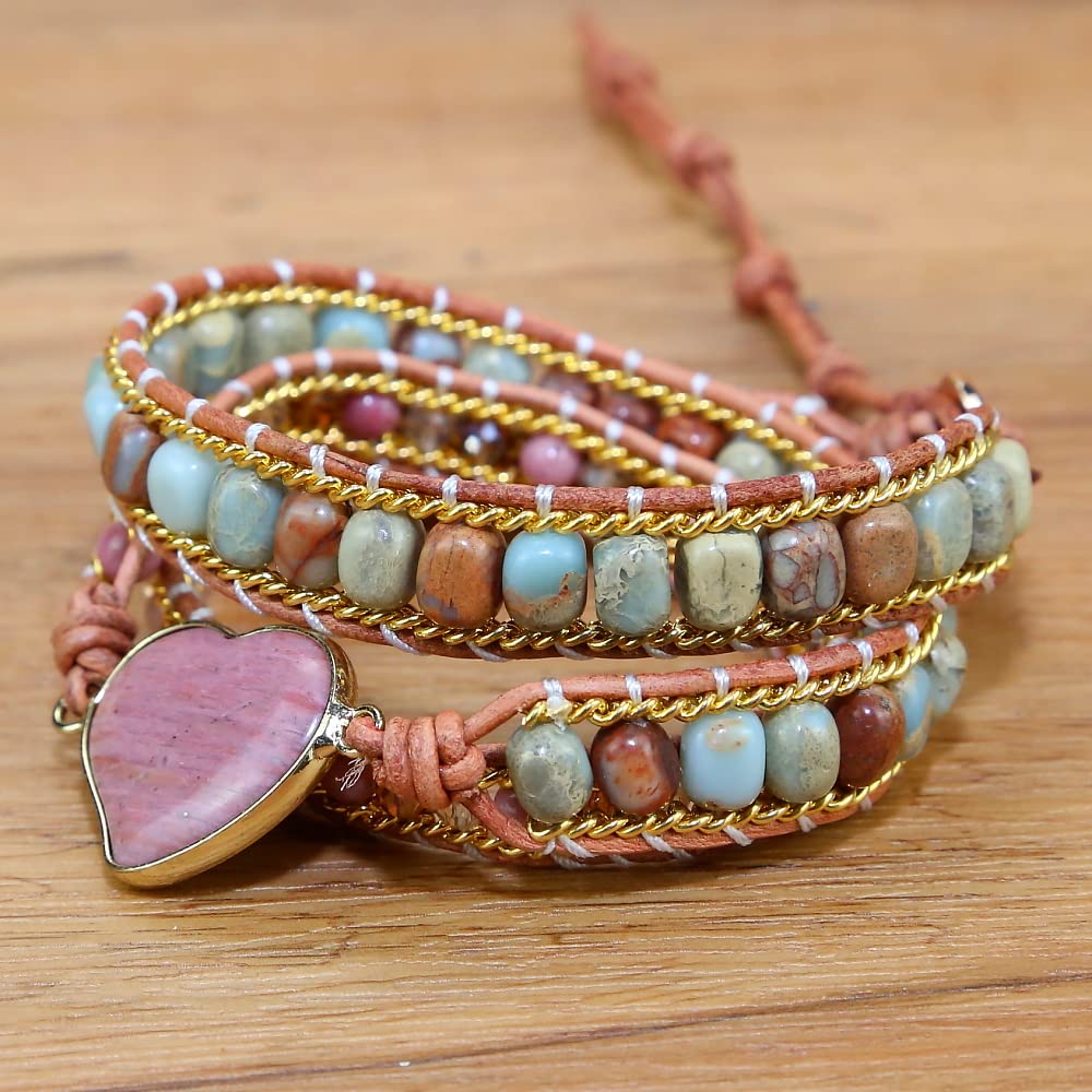 ZOSOJONA Women Wrap Bracelet Boho Natural Jasper Crystal Stone Beads Strand Bracelets (Rhodochrosite)