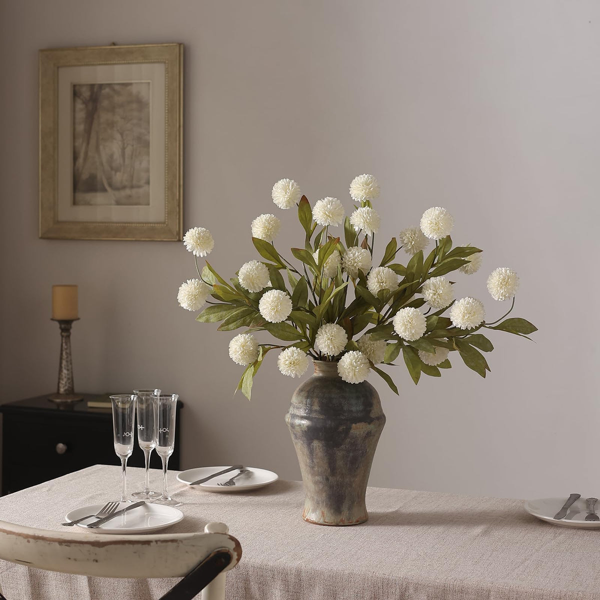 Juxdp 6 PCS Artificial Pompon Mum Branches for Vase - 27" Fake Silk Chrysanth Stems Look Real Faux Flowers for DIY Bouquet, Table Centerpieces, Farmhouse, Home Decor (Cream)