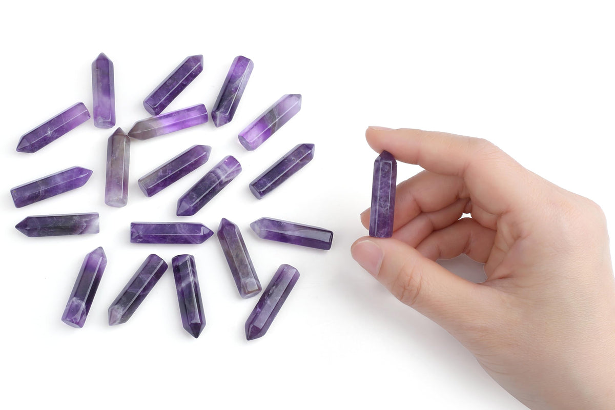 QINJIEJIE Amethyst 20 PCS Healing Crystals Stones Sets Wands Bulk Natural Pocket Purple Crystal Towers Assorted Pointed Reiki Gemstones Polished Energy Meditation Chakra Gifts for Women Men