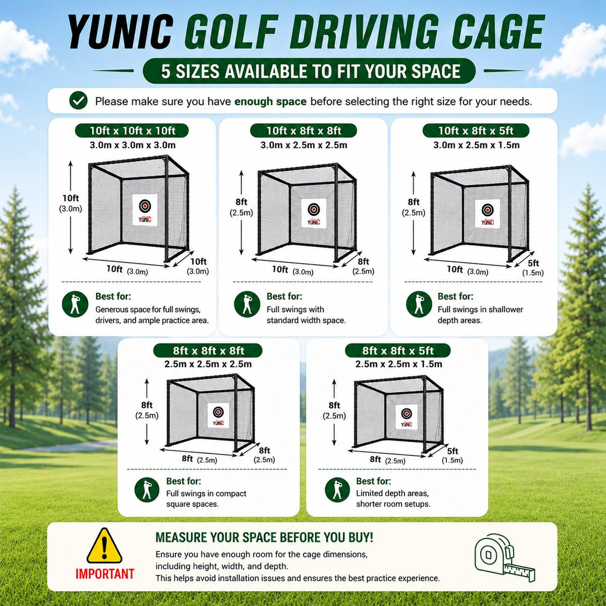 YUNIC Golf Driving Cage with Steel Frame, Golf Nets for Backyard Driving for Full Swing and Chipping Practice Indoor Outdoor (Black, 8'(W) x8'(H) x5'(D))