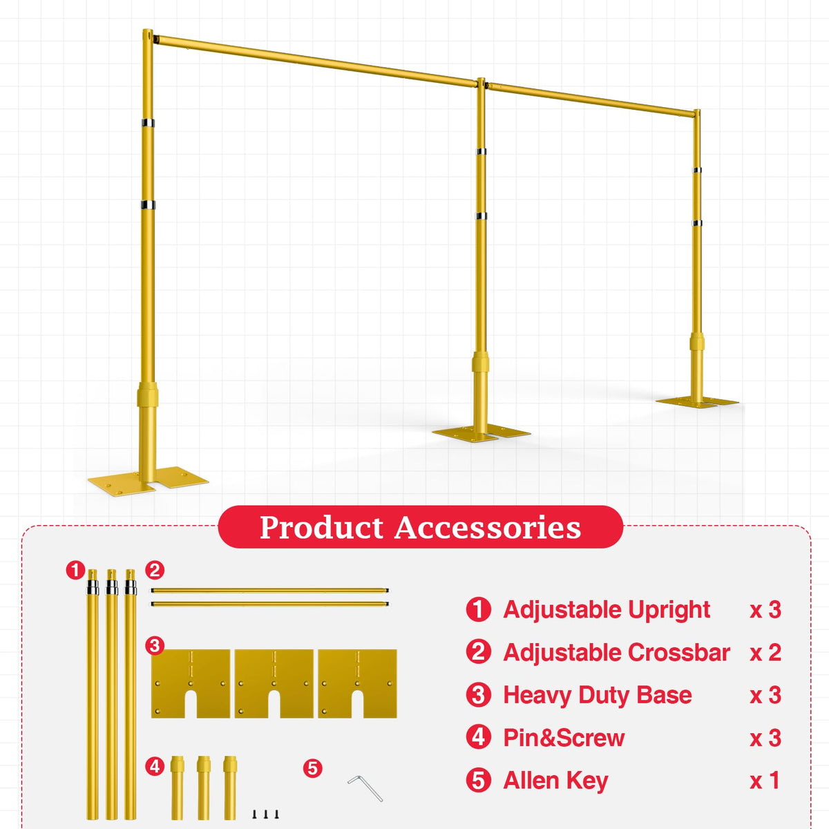 EMART Backdrop Stand Heavy Duty 8.9ftx20ft, Adjustable Pipe and Drape Photo Background Support Kit, Metal Frame with Flat Base for Wedding Birthday Party Banquet Decorations-Gold