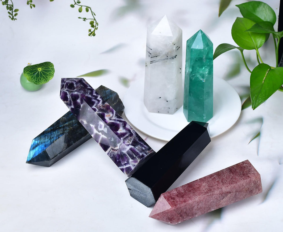 FZBHRO Large Crystal Towers Chevron Amethyst Wand 6 Faceted Quartz Point Purple Healing Crystal Stone Obelisk for Meditation Gifts 0.8-1.3 Pound