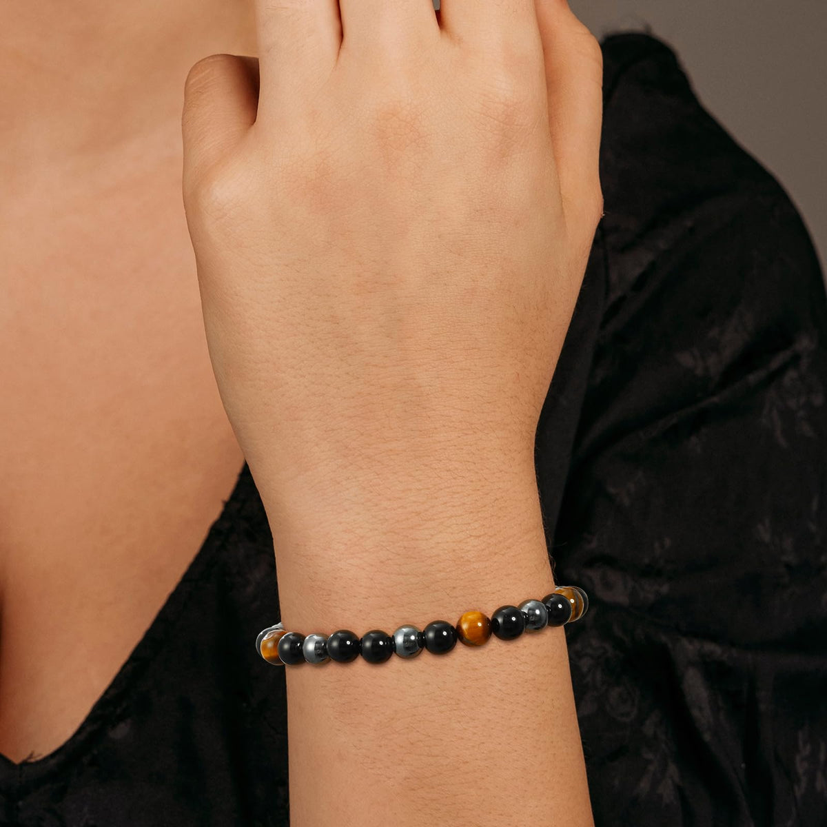 Gnamy Bracelet Gifts for Women, Triple Protection Healing Crystal Beaded Bracelets Hematite Black Tourmaline Tigers Eye Natural Worry Stones Anxiety Healing Birthday Easter Basket Stuffers Jewelry Presents for Her Adults Mom