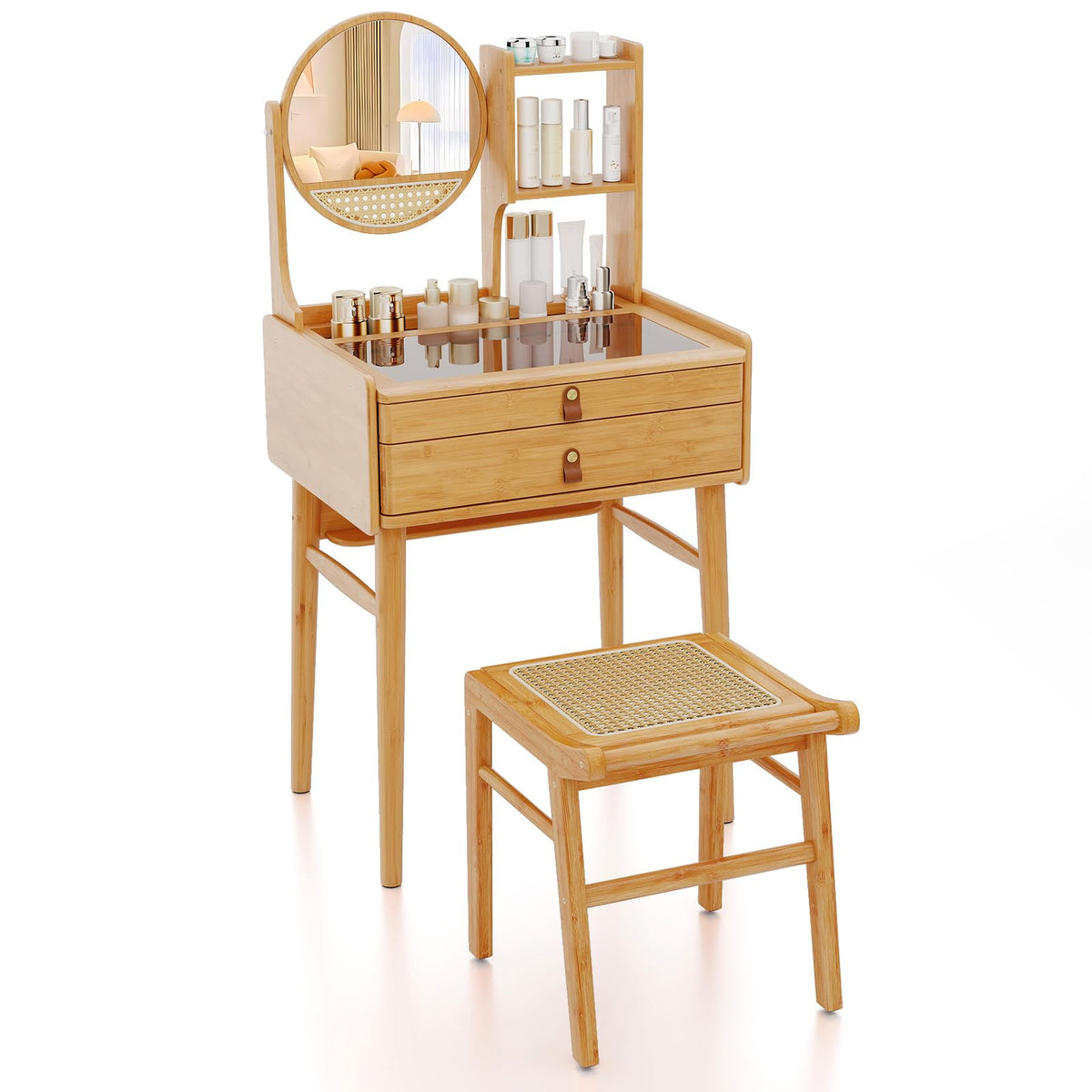 CHARMAID Small Bamboo Vanity Desk with Mirror and Stool, Glass Top Makeup Vanity Table with Storage Drawers, Shelves & Deep Tabletop Groove, Compact Dressing Table for Bedroom Small Spaces, 23.5" W