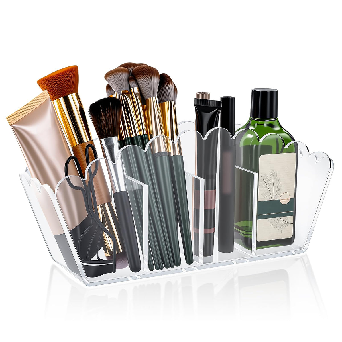 Novacrylion Scalloped Acrylic Pencil Holder with 4 Compartments - Clear Desk Organizer for Pens, Makeup Brushes, Remotes - Modern Office & Vanity Accessory(4-Comp)