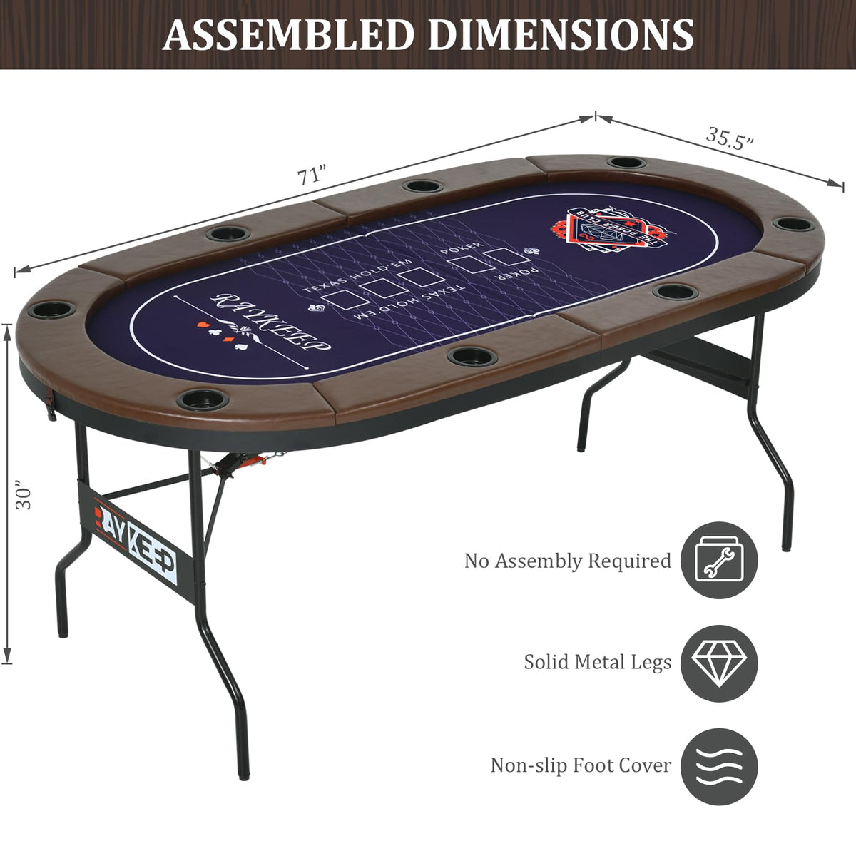 RAYKEEP Poker Table Foldable, 8 Player Folding Poker Tables w/Collapsible Legs, Casino Grade Felt, Padded Rails and Cup Holders, Portable Poker Table for Texas Holdem Poker and Blackjack, 71 Inch