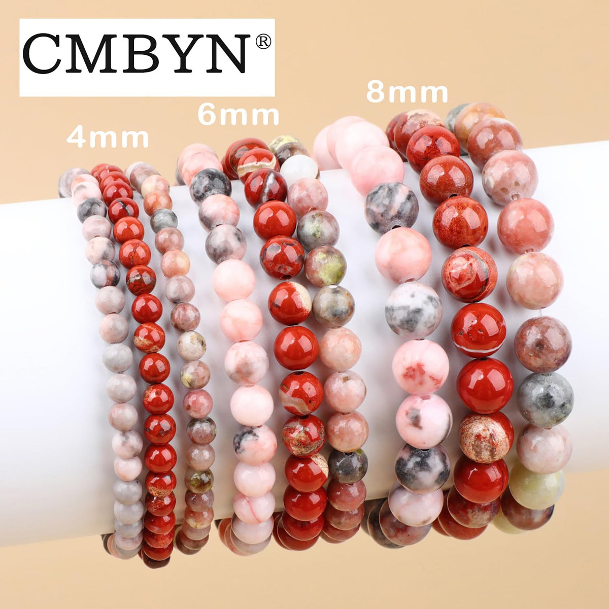 CMBYN 3-Pieces 4mm Natural Crystal Gemstone – Pink Zebra, Red Jasper, Red Plum Blossom Stone Handmade Reiki Energy Healing Stretch Bracelets Jewelry for Yoga, Meditation, Unisex