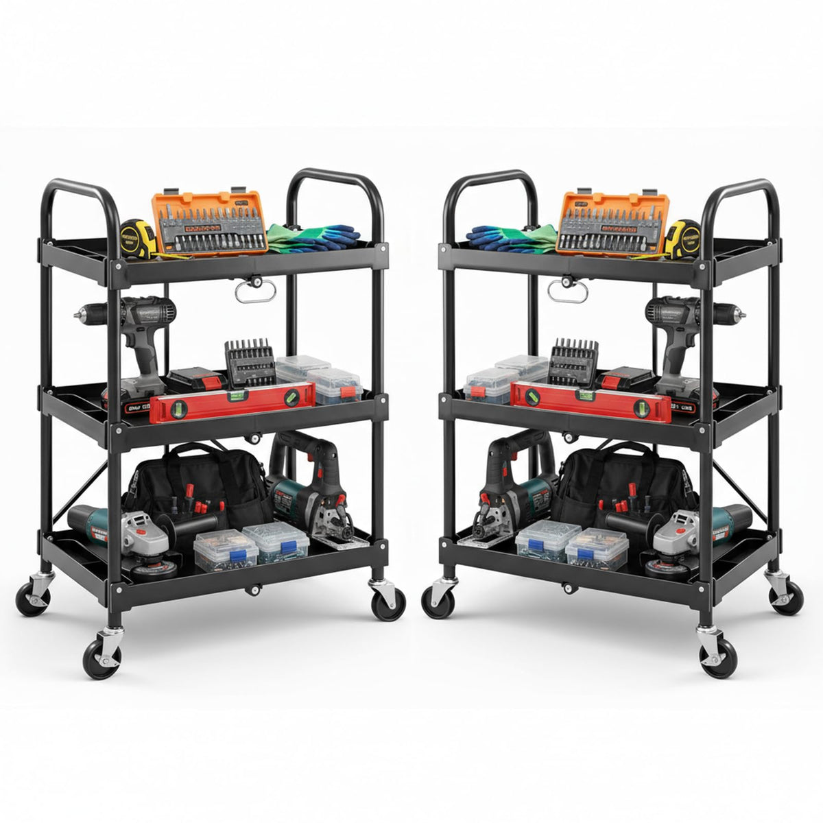 DUMOS 3-Tier Folding Utility Cart Set of 2, Collapsible Service Cart with 4 Swivel Wheels and Brakes, 120LBS Capacity & Collapsible Storage Rolling Cart for Kitchen, Office, Garden, Garage, Pure Black